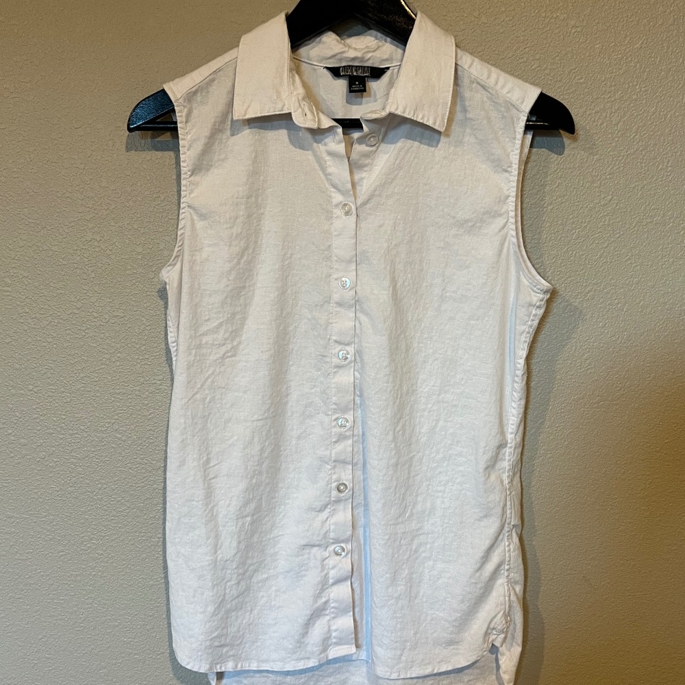 Nicole Miller White Linen Preowned Sleeveless Shirt Size Small